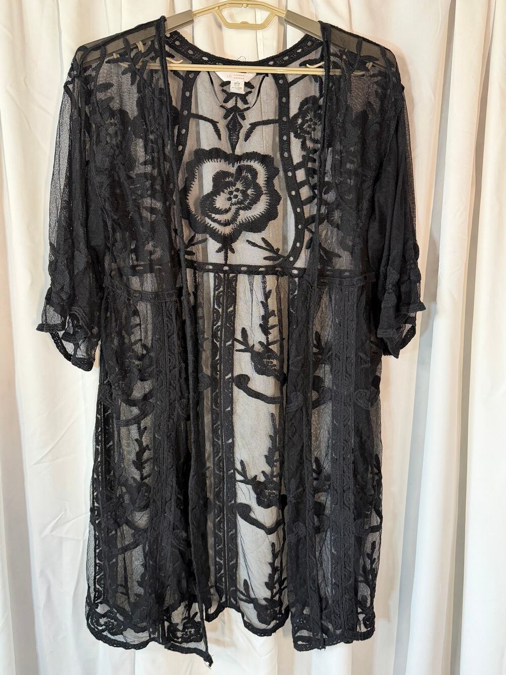 Black Floral Lace Sheer Layering Kimono Open Front Cardigan OS